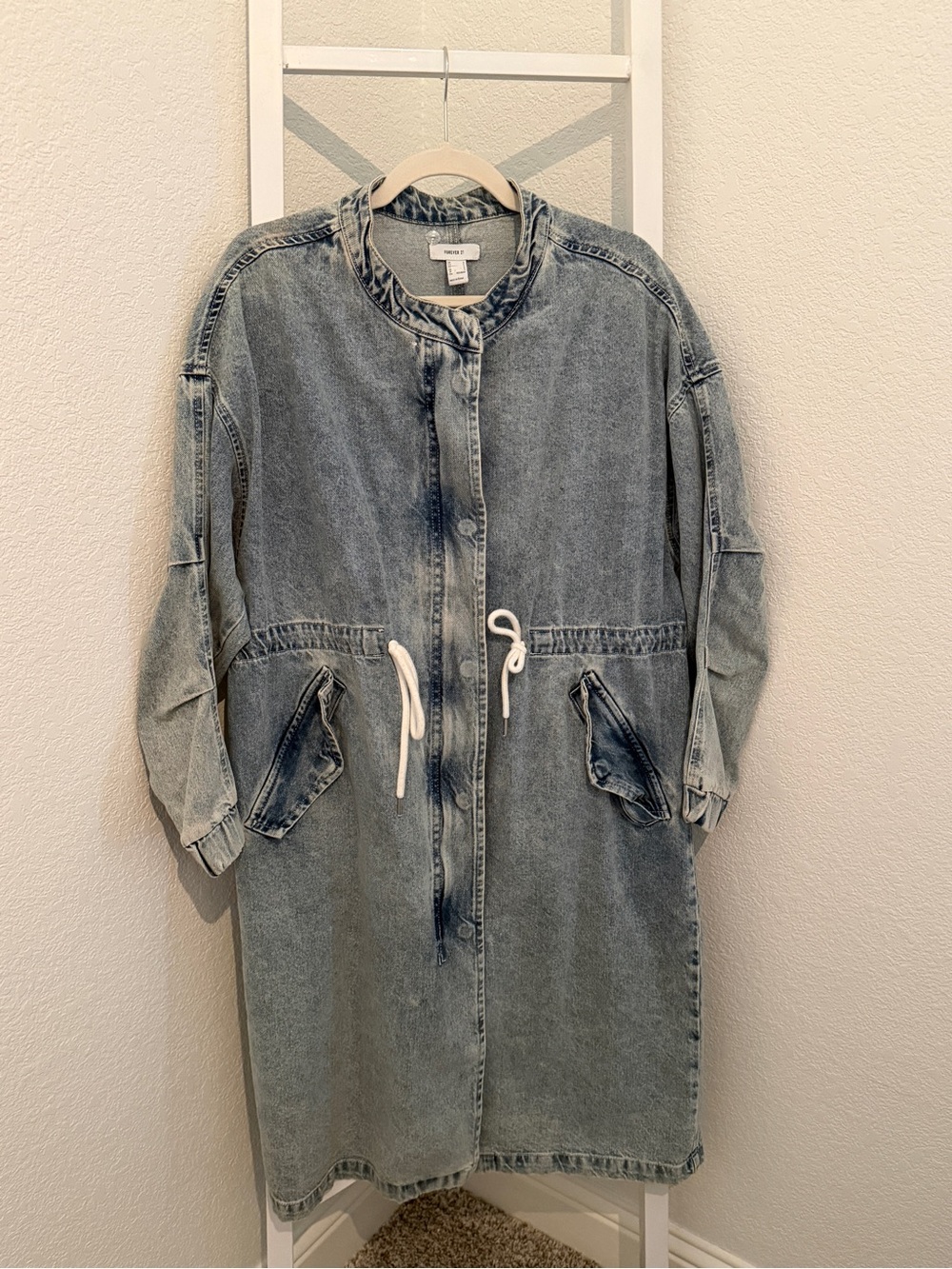 Forever 21 Acid-Wash Denim Parka Duster Jacket Women’s Small Longline Utility